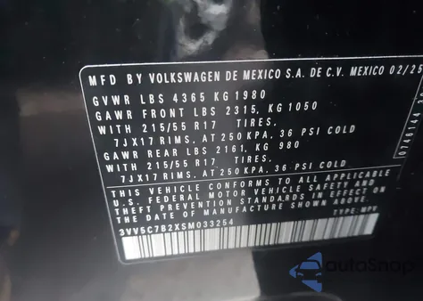 2025 Volkswagen Taos 1.5T S from USA, damaged, VIN 3VV5C7B2XSM033254